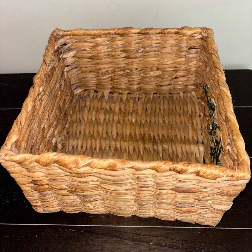 Natural Woven Storage Basket |‎ Embroidered Misc Label | Rustic Home Decor